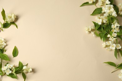 Aromatic jasmine flowers and green leaves on beige background, flat lay. Space for text