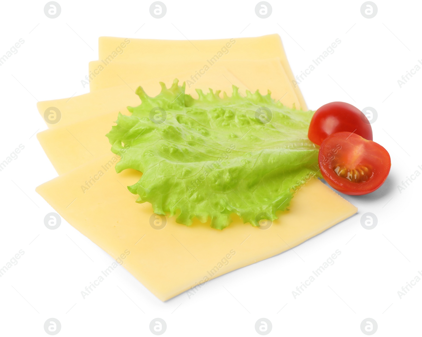 Photo of Slices of tasty fresh cheese, tomatoes and lettuce isolated on white