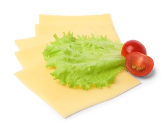 Photo of Slices of tasty fresh cheese, tomatoes and lettuce isolated on white