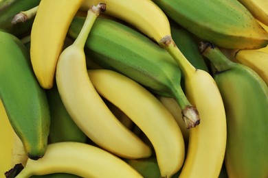 Photo of Different sorts of bananas as background, closeup