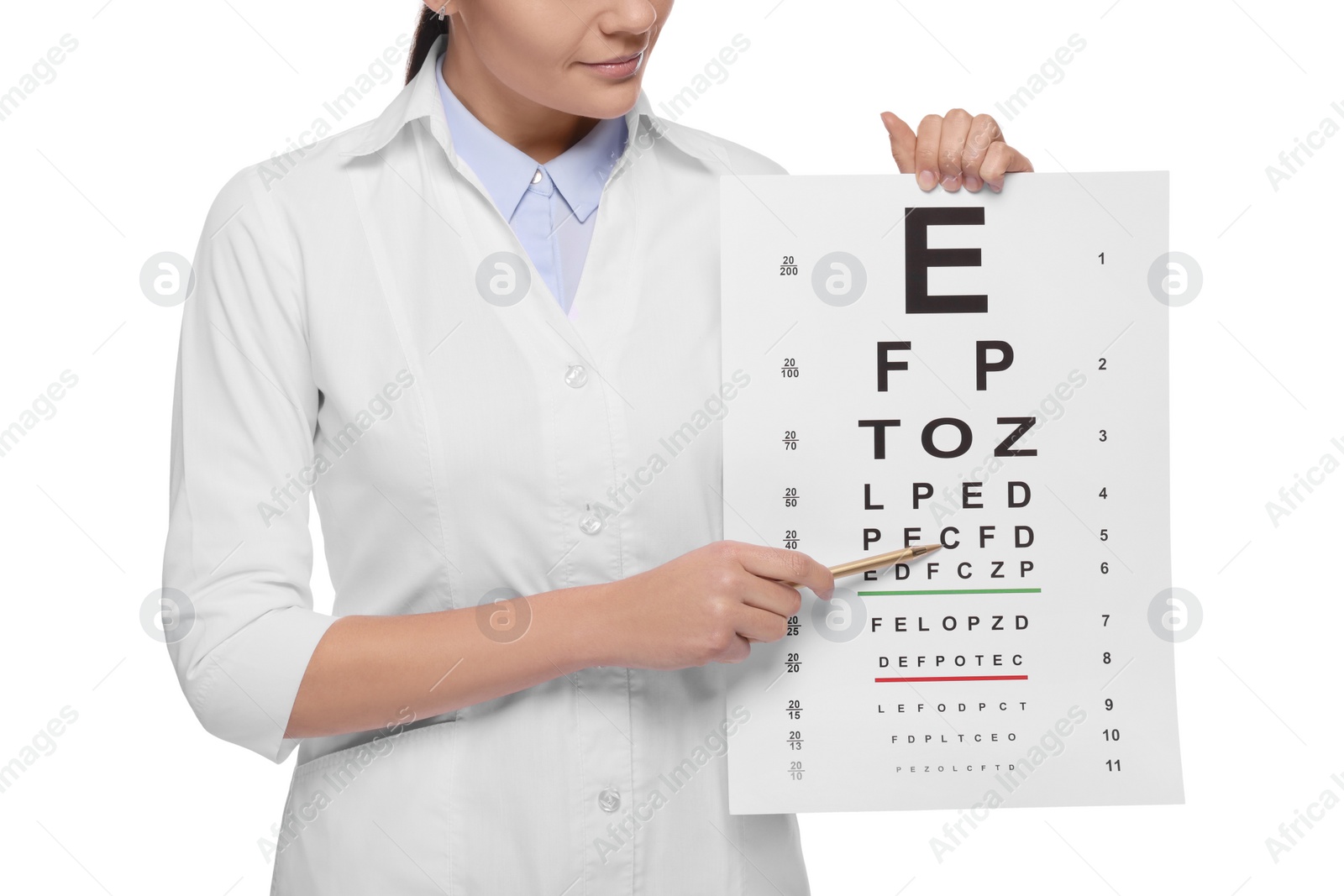 Photo of Ophthalmologist with vision test chart on white background, closeup