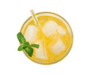 Delicious orange soda water on white background, top view