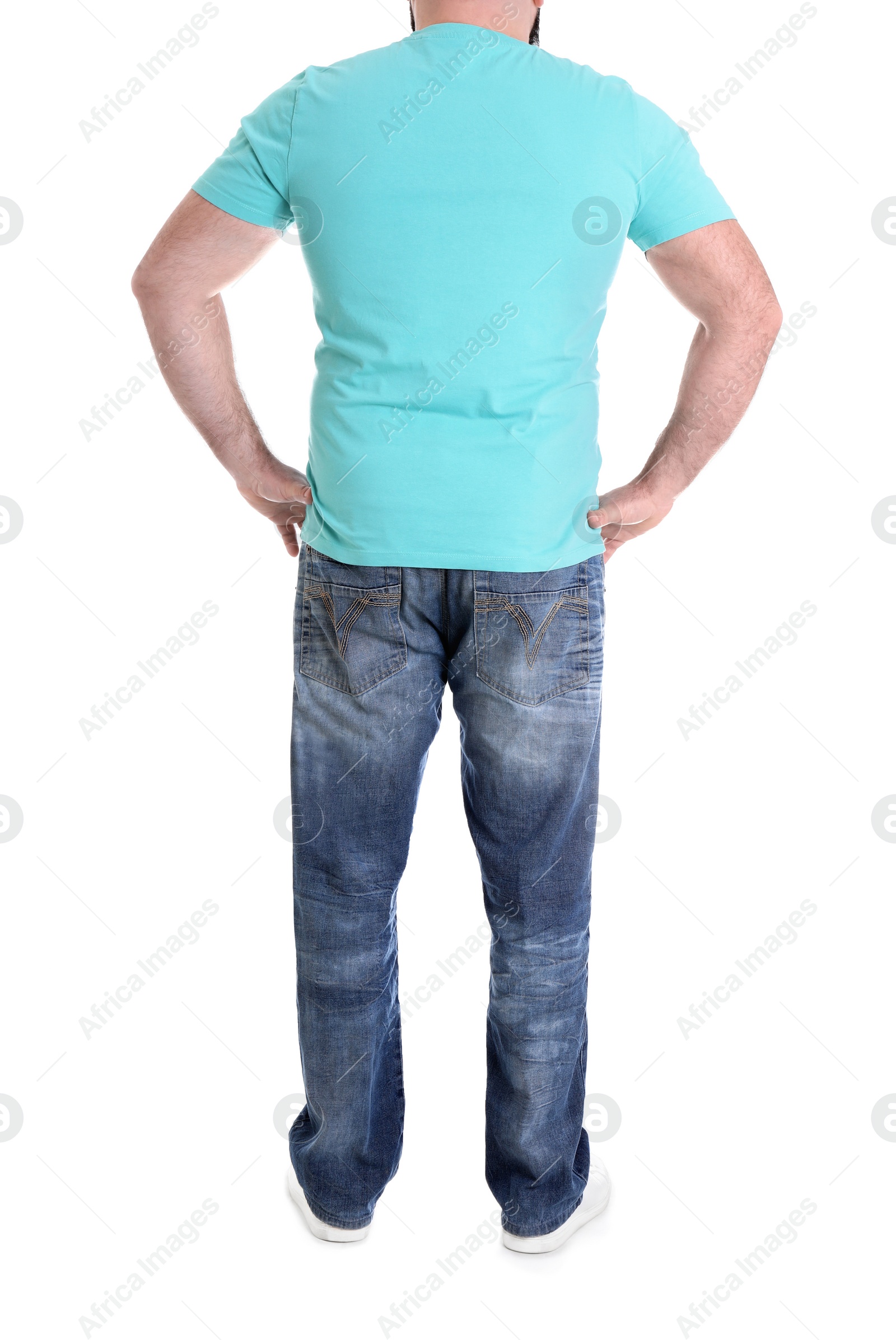 Photo of Overweight man isolated on white, closeup. Weight loss