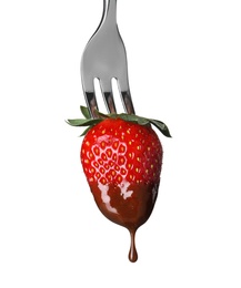 Photo of Strawberry with chocolate on fondue fork against white background