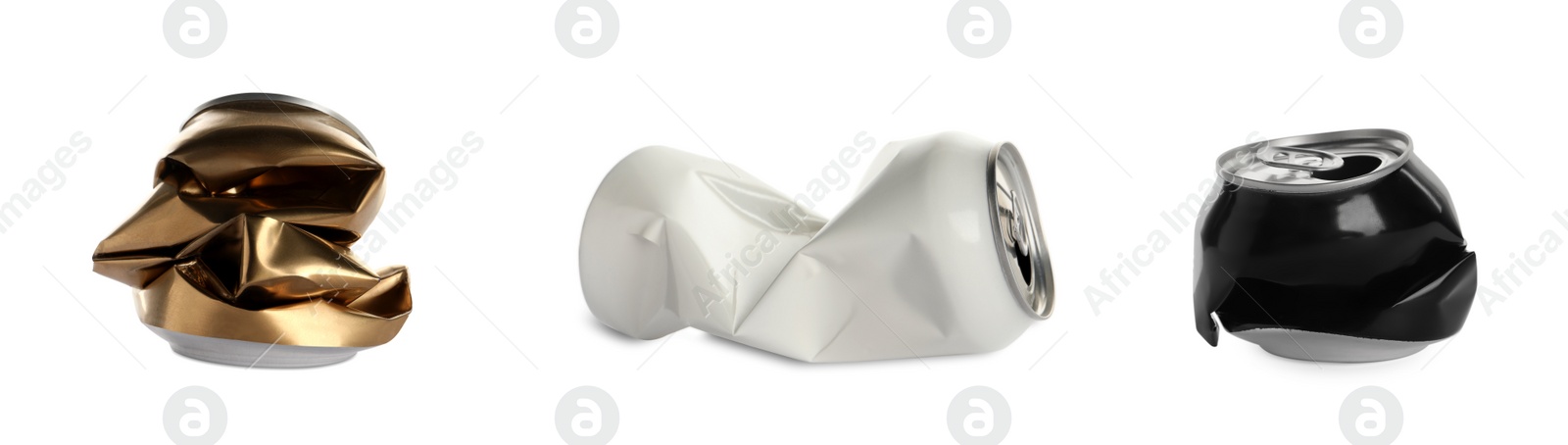 Image of Set with crumpled cans on white background. Banner design