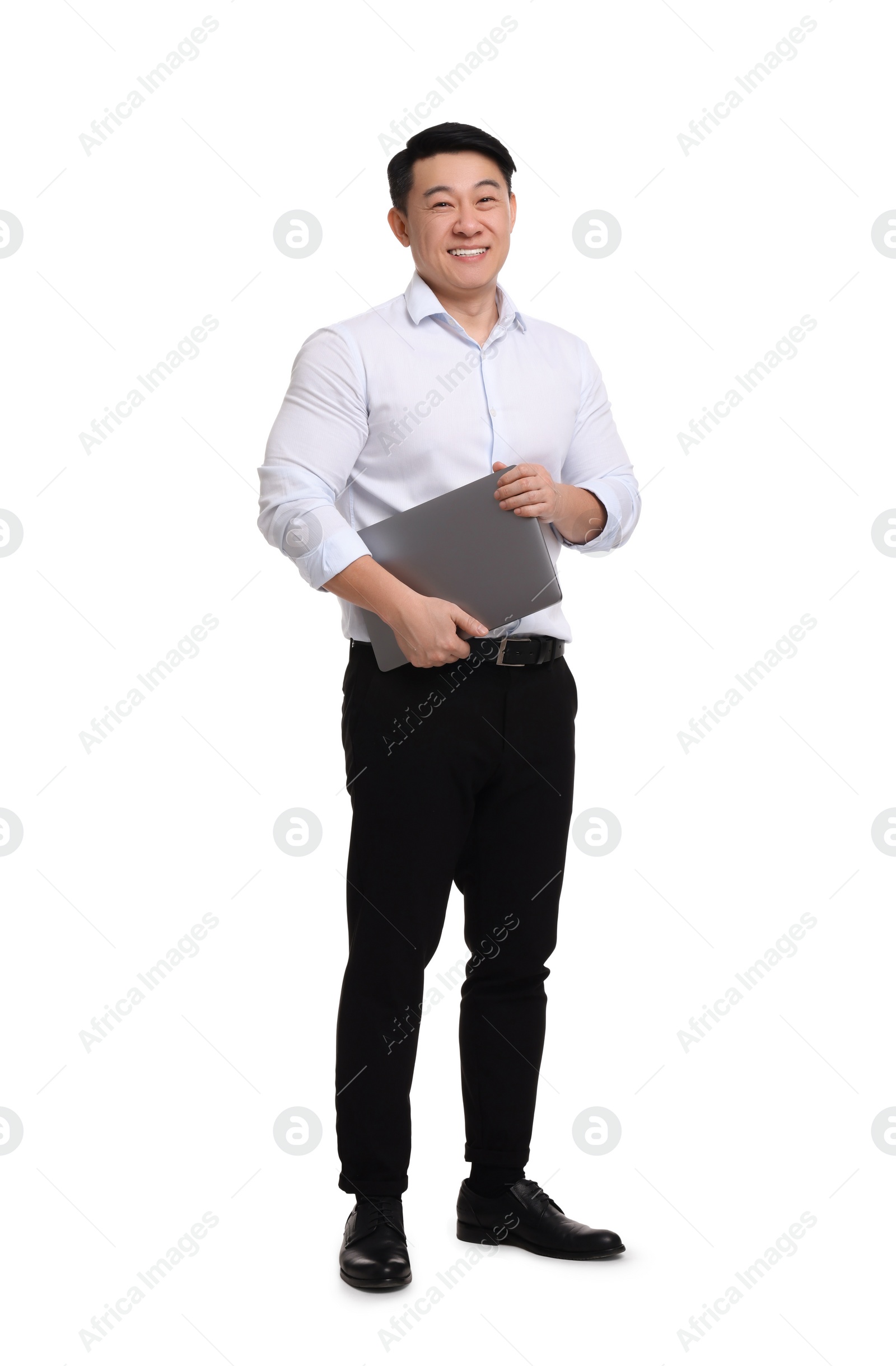 Photo of Businessman in formal clothes with laptop on white background