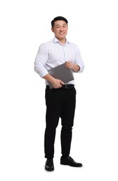 Photo of Businessman in formal clothes with laptop on white background