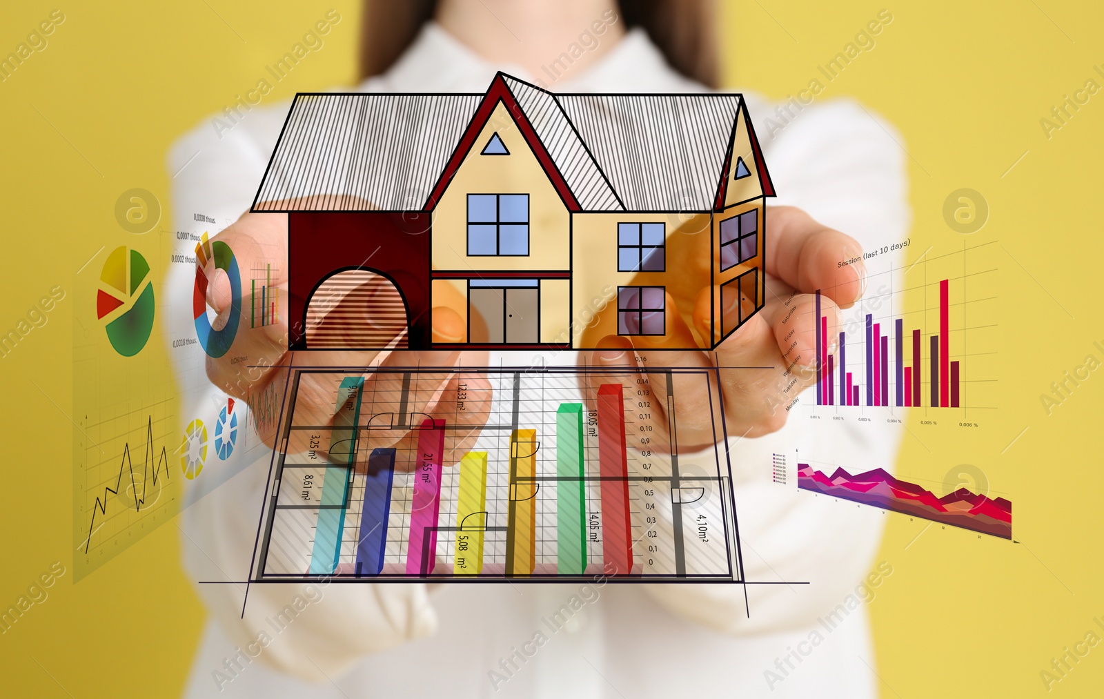 Image of Designer presenting project of house with charts on yellow background