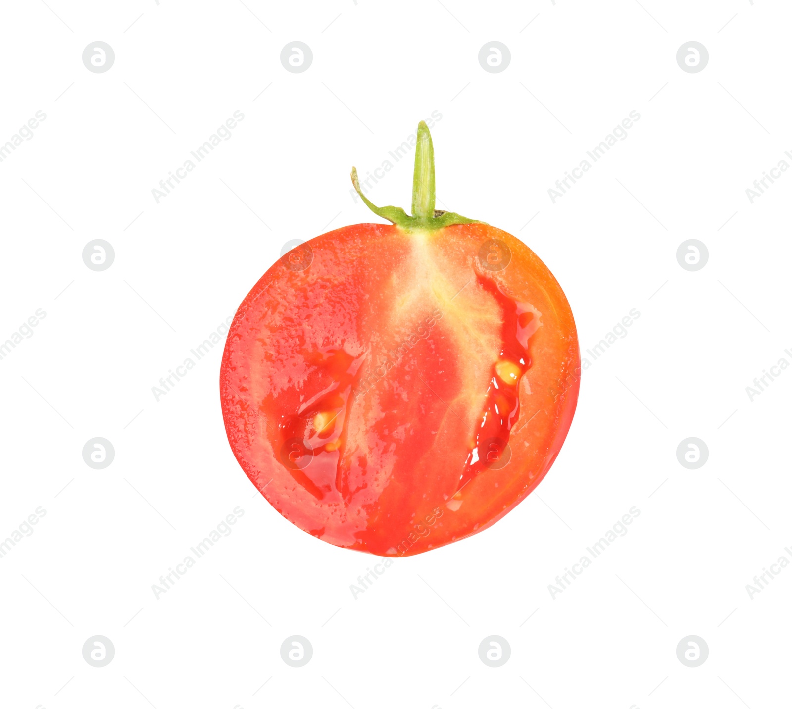 Photo of Half of ripe cherry tomato isolated on white