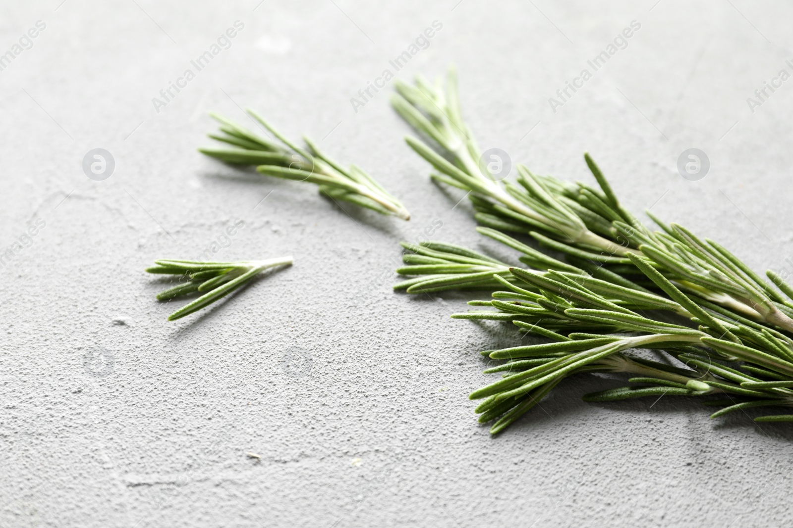 Photo of Fresh rosemary twigs on gray table, closeup