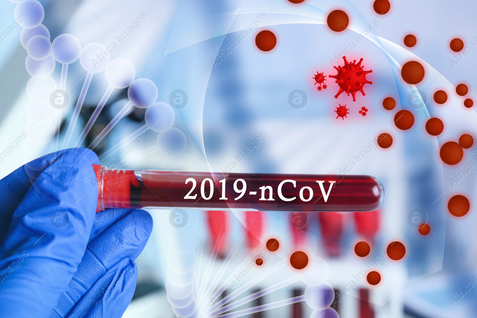 Image of Scientist holding test tube with blood sample, closeup. Virus research