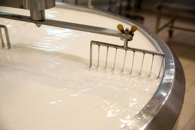 Photo of Milk in curd preparation tank at cheese factory, closeup