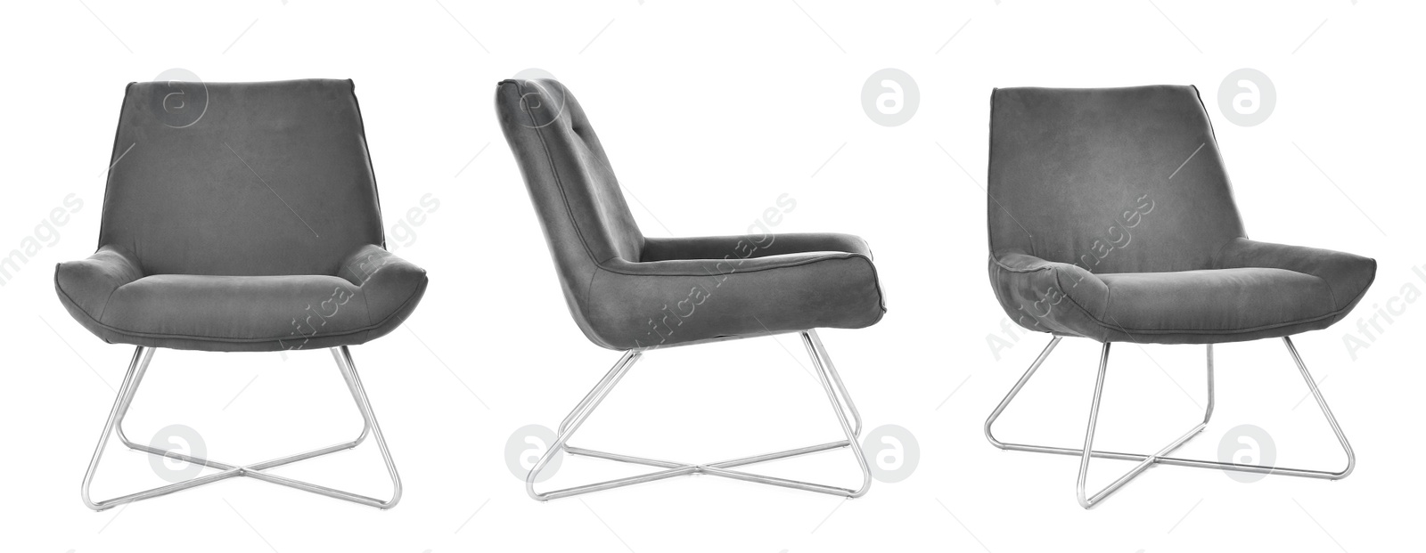 Image of Set with comfortable grey chairs on white background. Banner design