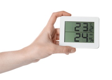 Photo of Woman holding hygrometer on white background, closeup. Atmospheric humidity