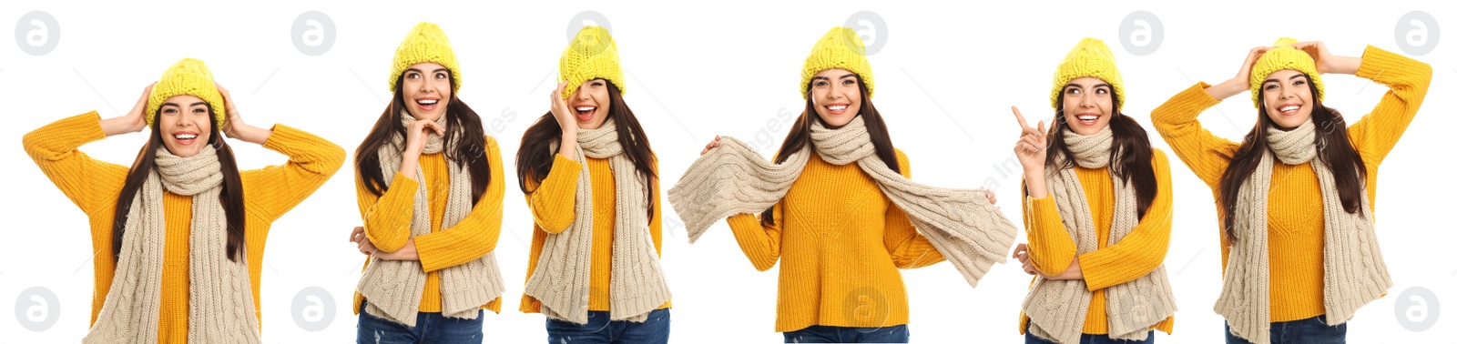 Image of Collage with photos of young woman wearing warm clothes on white background, banner design. Winter vacation