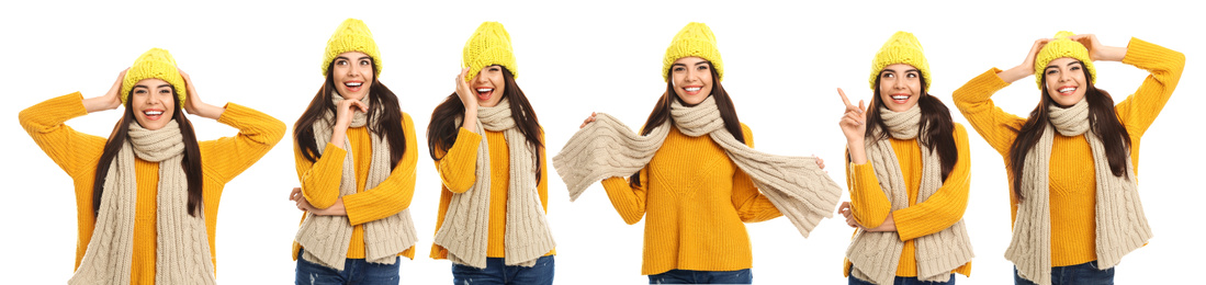 Image of Collage with photos of young woman wearing warm clothes on white background, banner design. Winter vacation