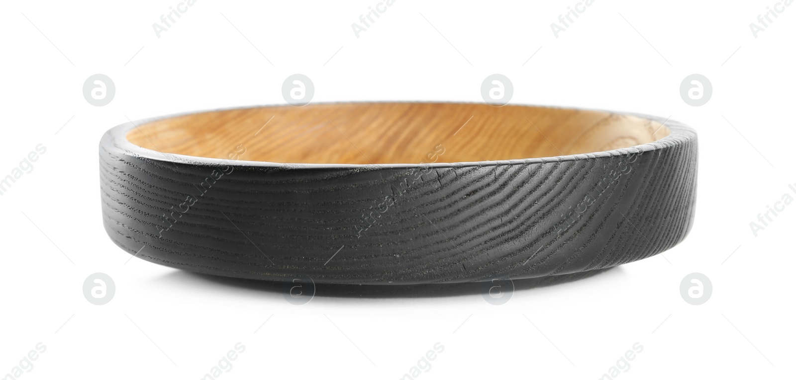 Photo of Stylish wooden plate isolated on white. Cooking utensil