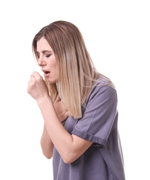 Woman coughing on white background