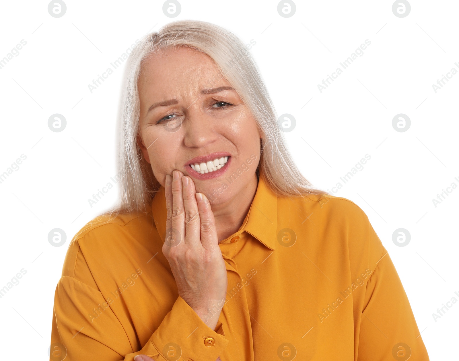 Photo of Mature woman suffering from toothache on white background