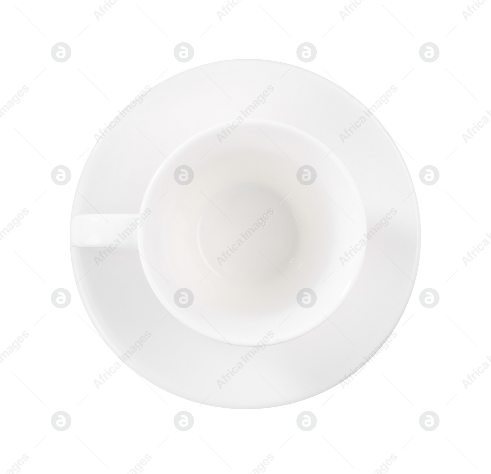 Photo of Ceramic cup with saucer isolated on white, top view