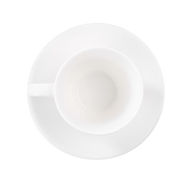 Photo of Ceramic cup with saucer isolated on white, top view