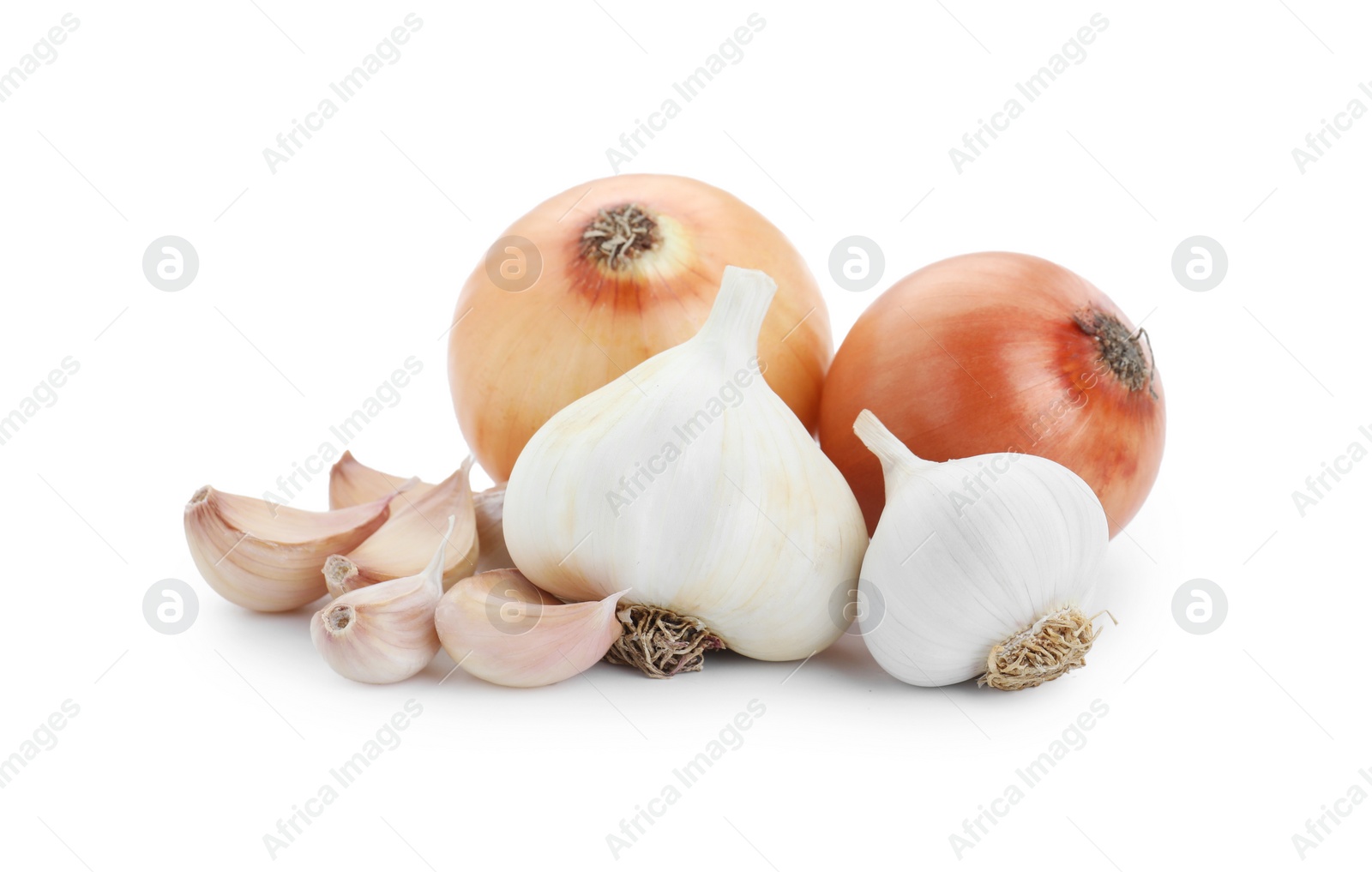 Photo of Fresh garlic and onion bulbs isolated on white