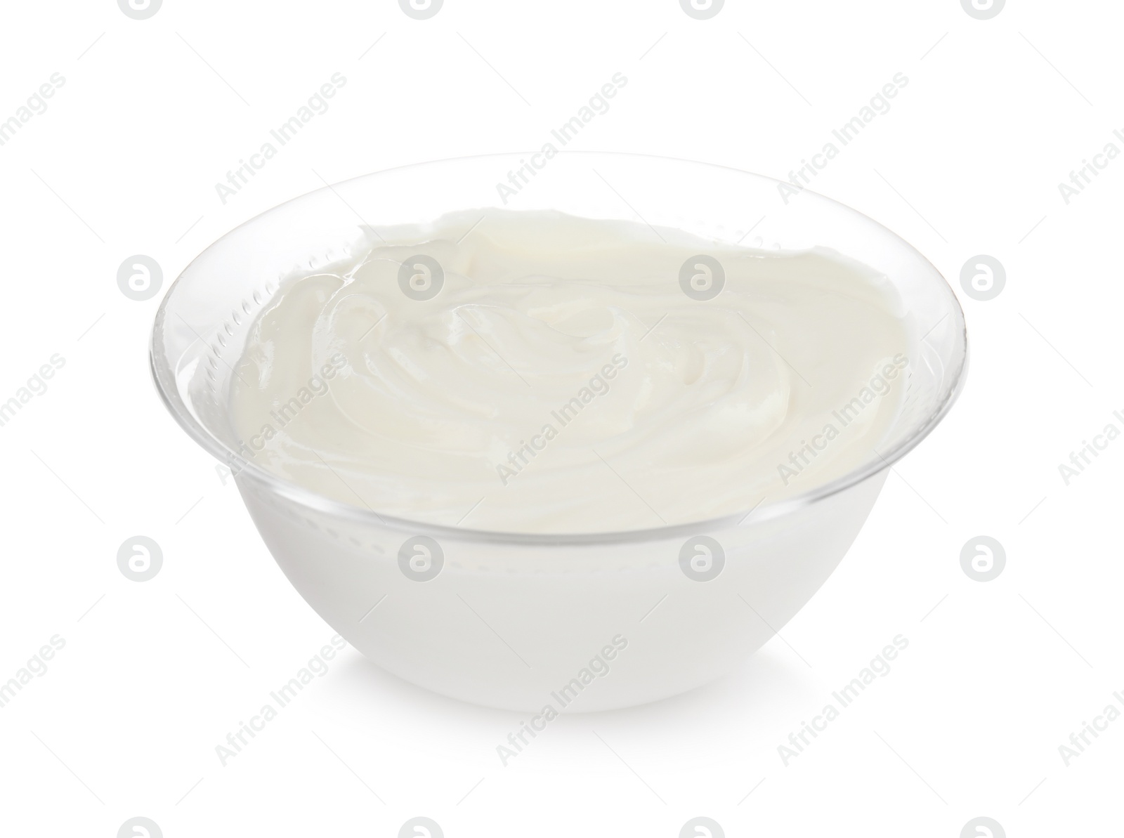 Photo of Bowl with sour cream on white background