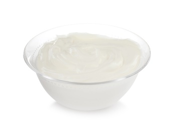 Bowl with sour cream on white background