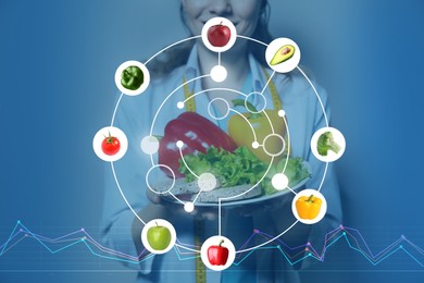 Image of Nutritionist with fresh products and images of different vegetables and fruits. Healthy eating