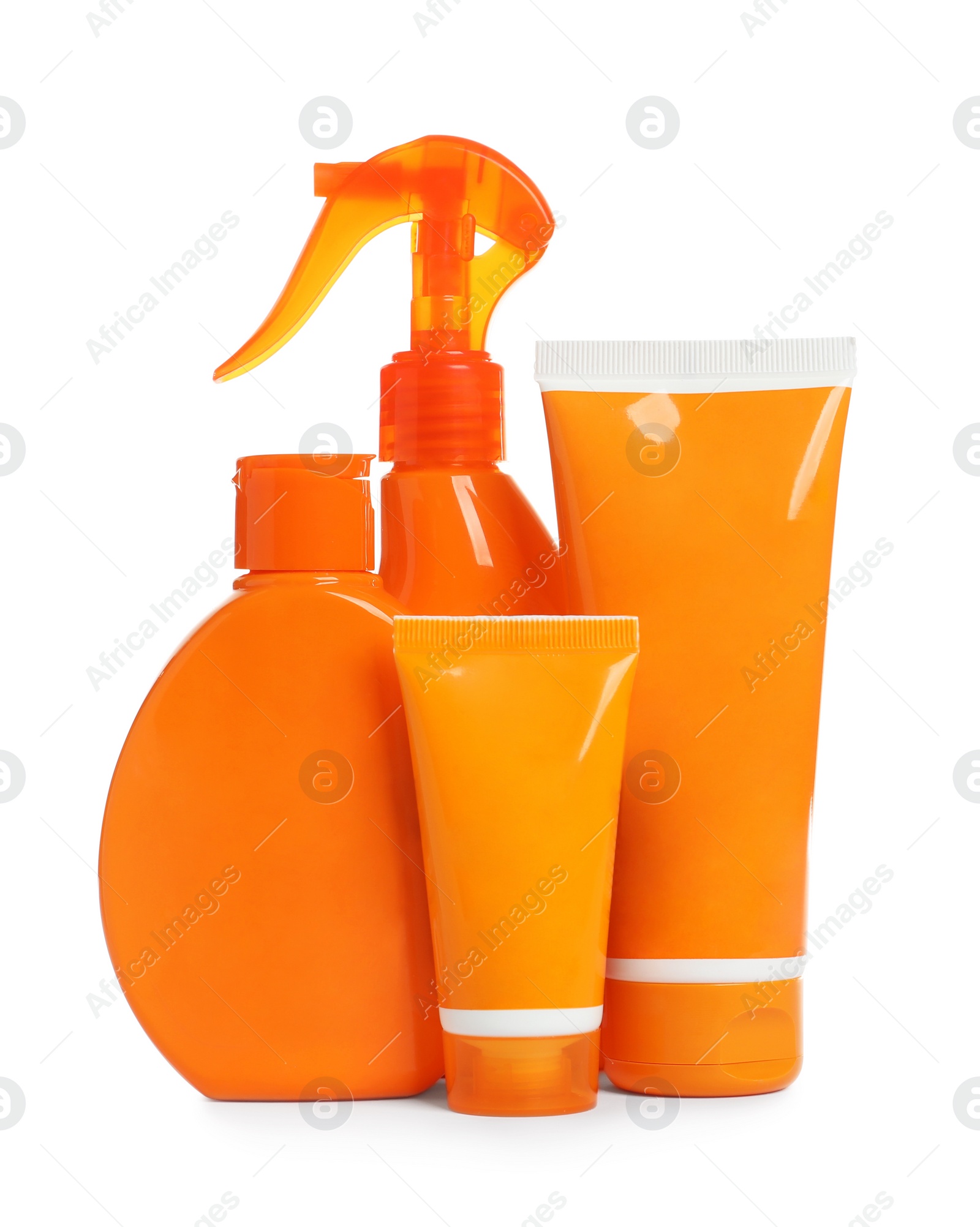 Photo of Composition with sun protection cosmetic products on white background