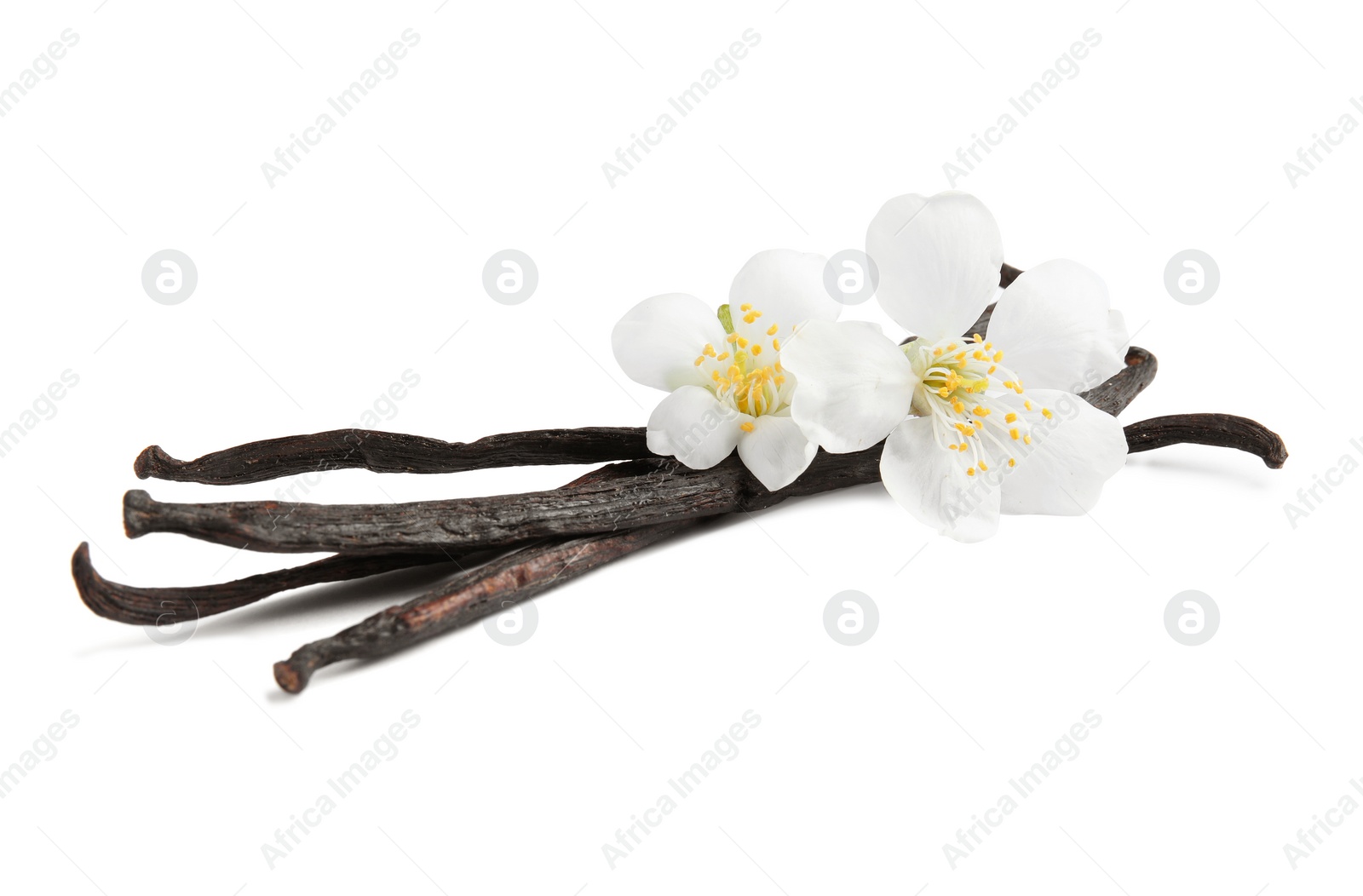 Photo of Aromatic vanilla sticks and flowers on white background