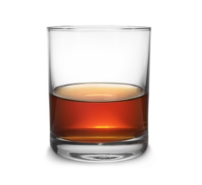 Photo of Glass of scotch whiskey on white background