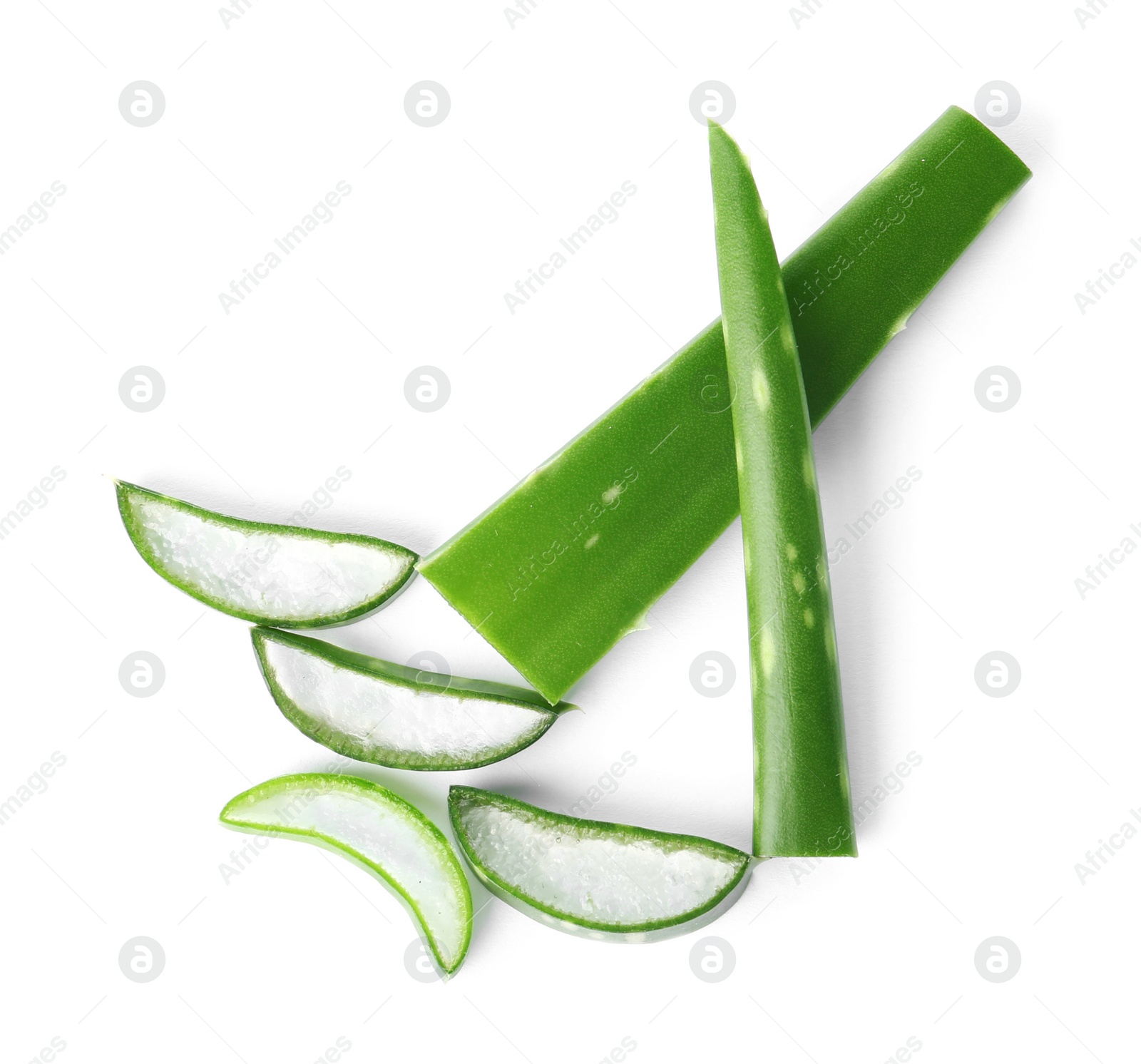 Photo of Aloe vera slices on white background