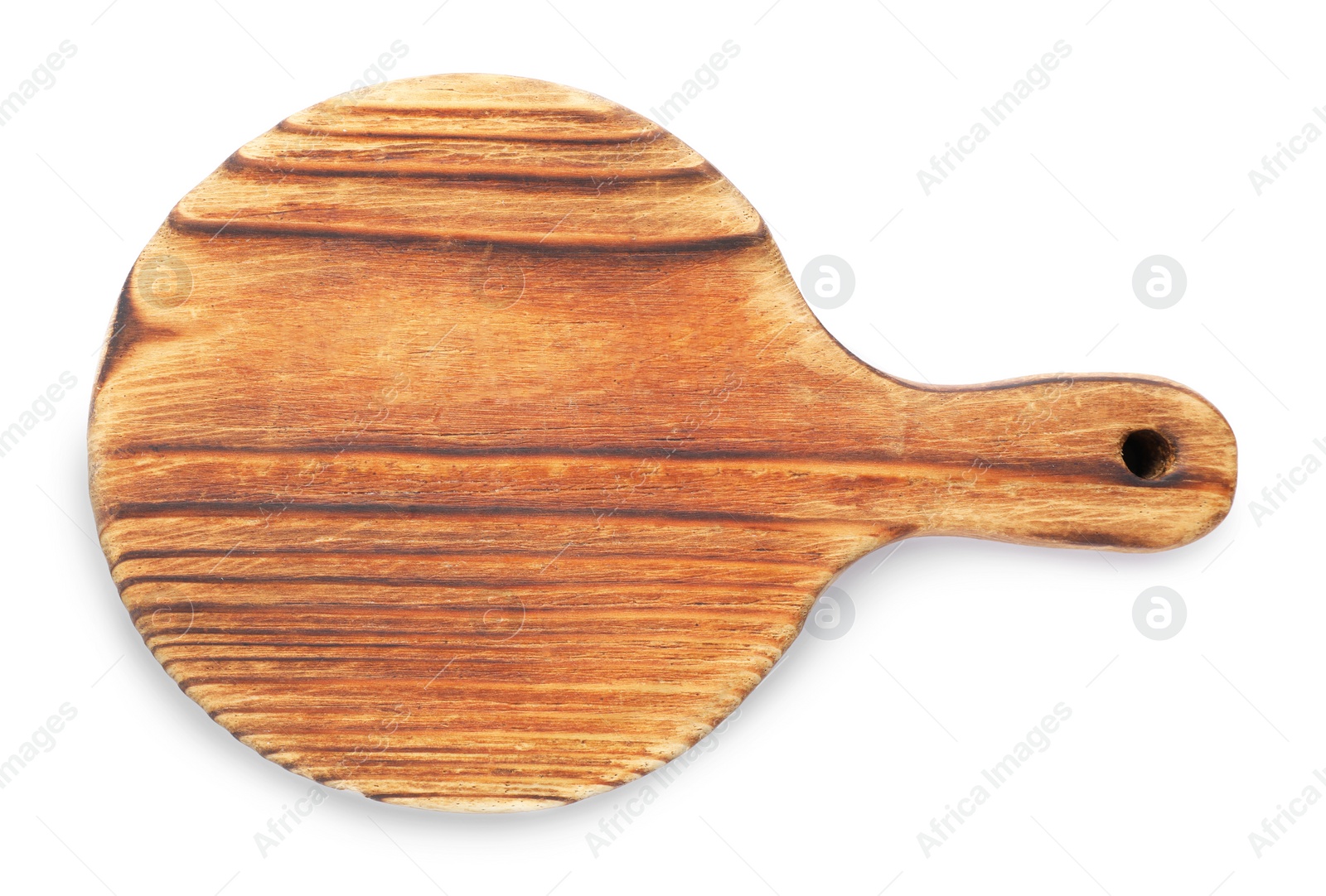 Photo of Wooden cutting board on white background, top view