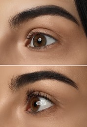 Image of Collage with photos of woman before and after eyelash lamination procedure, closeup