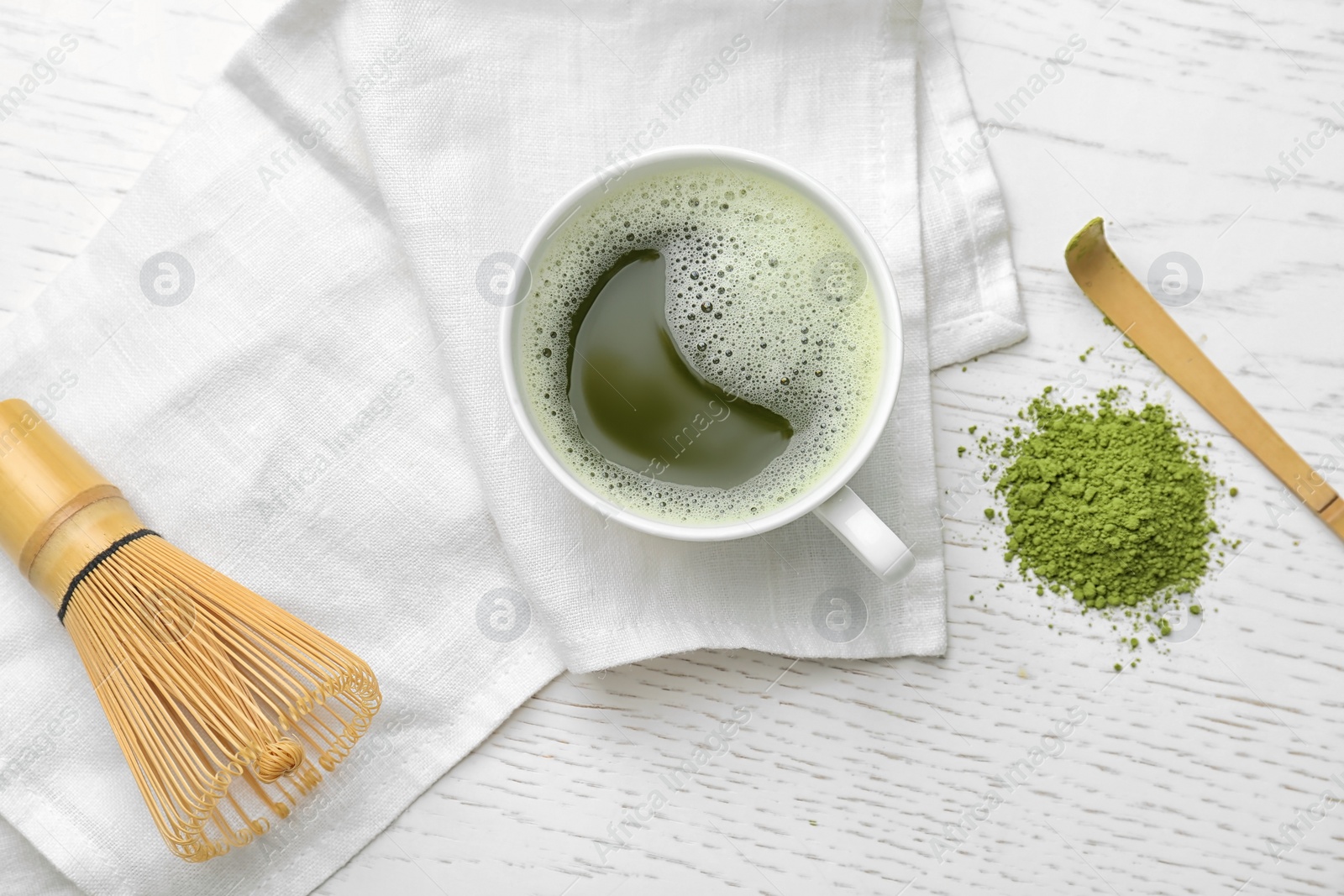 Photo of Flat lay composition with matcha tea on light background