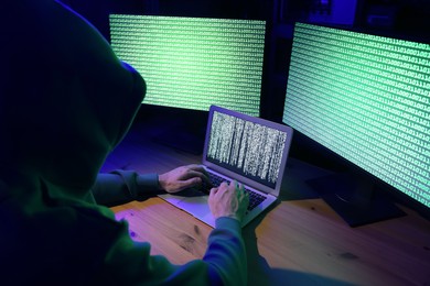 Photo of Hacker working with computers at wooden table indoors. Cyber attack