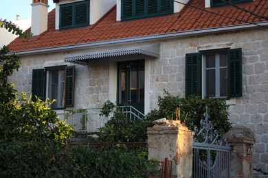 Beautiful building with balcony overgrown by green plants