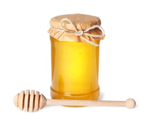 Tasty natural honey in glass jar and dipper isolated on white