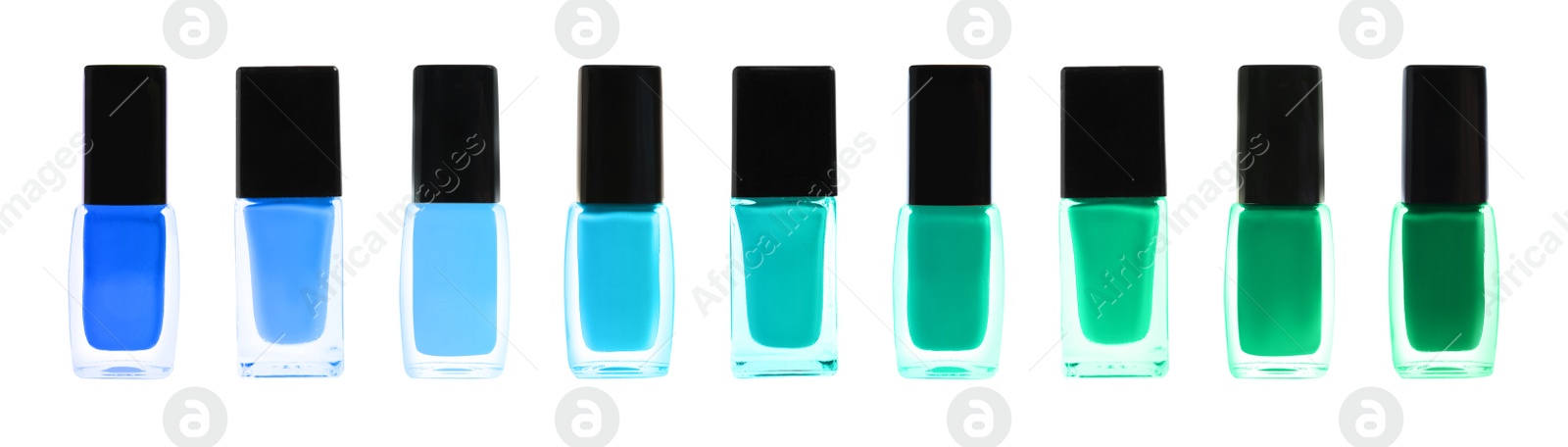Image of Set of different nail polishes on white background. Banner design