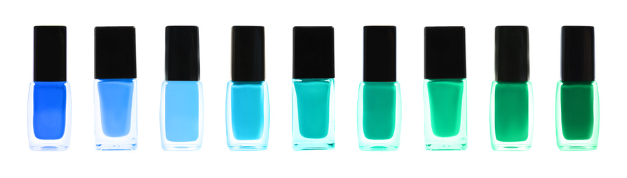 Image of Set of different nail polishes on white background. Banner design