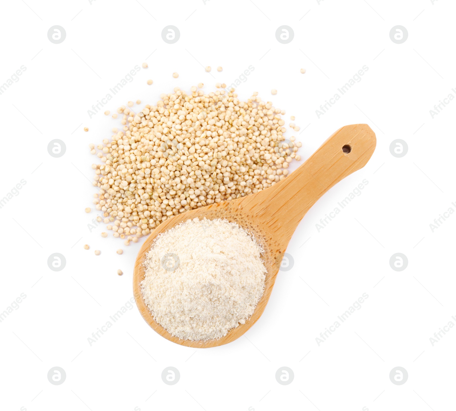 Photo of Wooden spoon with quinoa flour and seeds on white background, top view