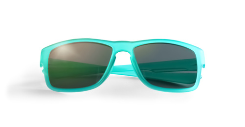 Photo of Stylish sunglasses on white background. Summer accessory