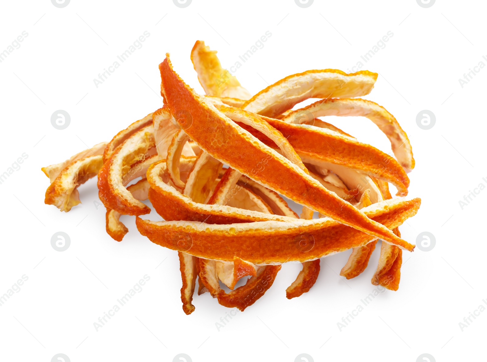 Photo of Pile of dry orange peels on white background