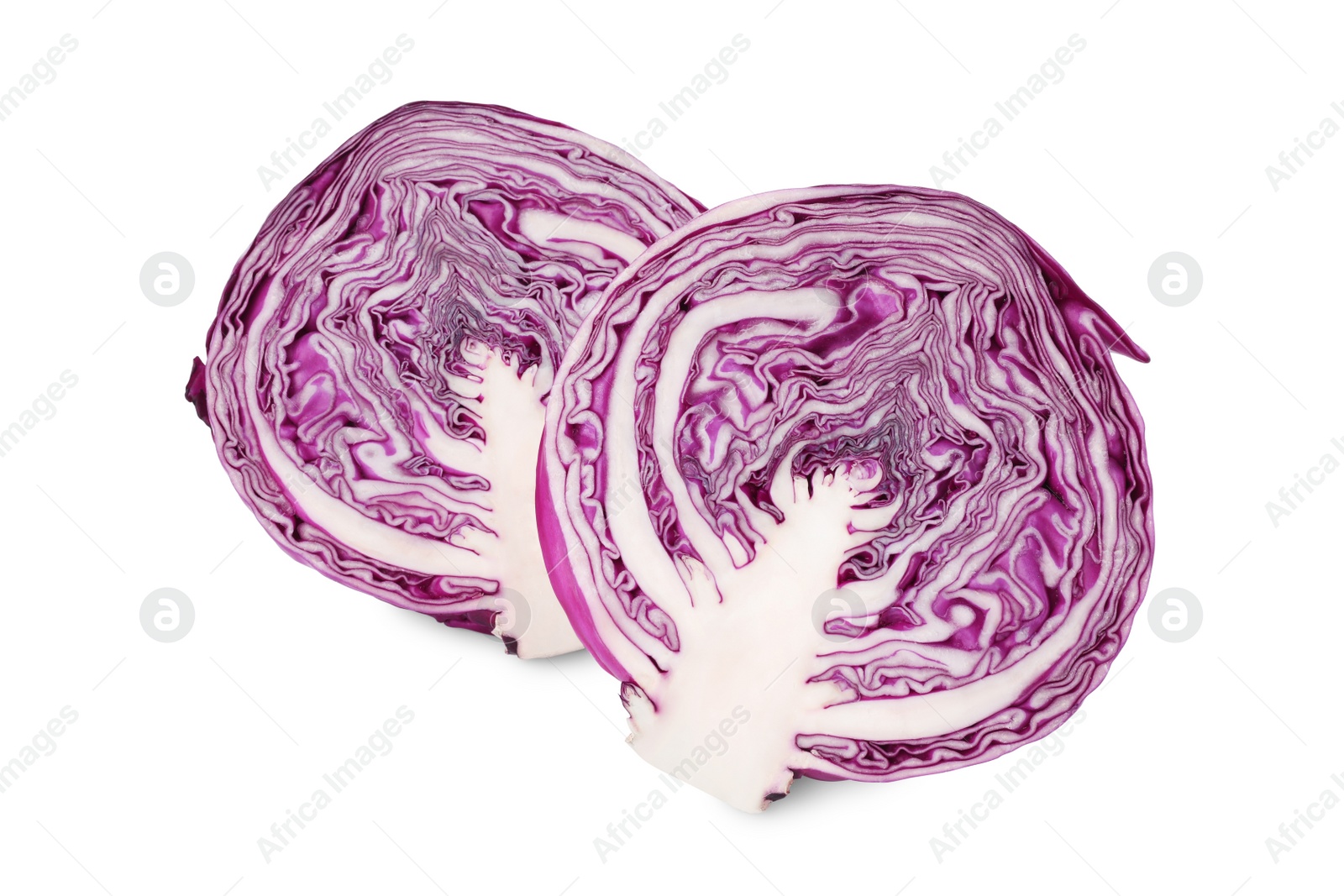 Photo of Halves of fresh ripe red cabbage on white background