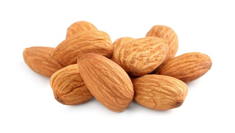 Photo of Organic almond nuts on white background. Healthy snack