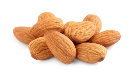 Organic almond nuts on white background. Healthy snack