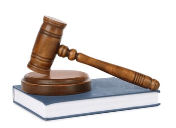 Photo of Wooden gavel and book on white background