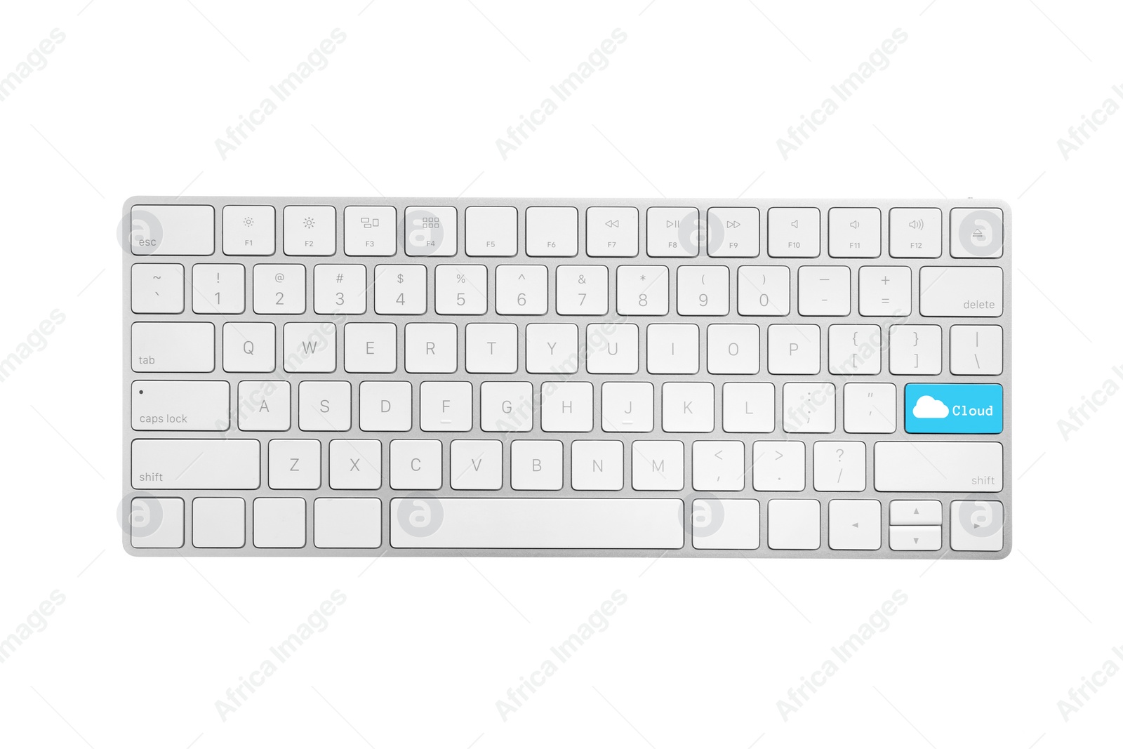 Image of Cloud technology. Modern wireless keyboard isolated on white, top view