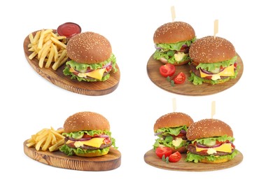 Image of Collage with delicious burgers on white background